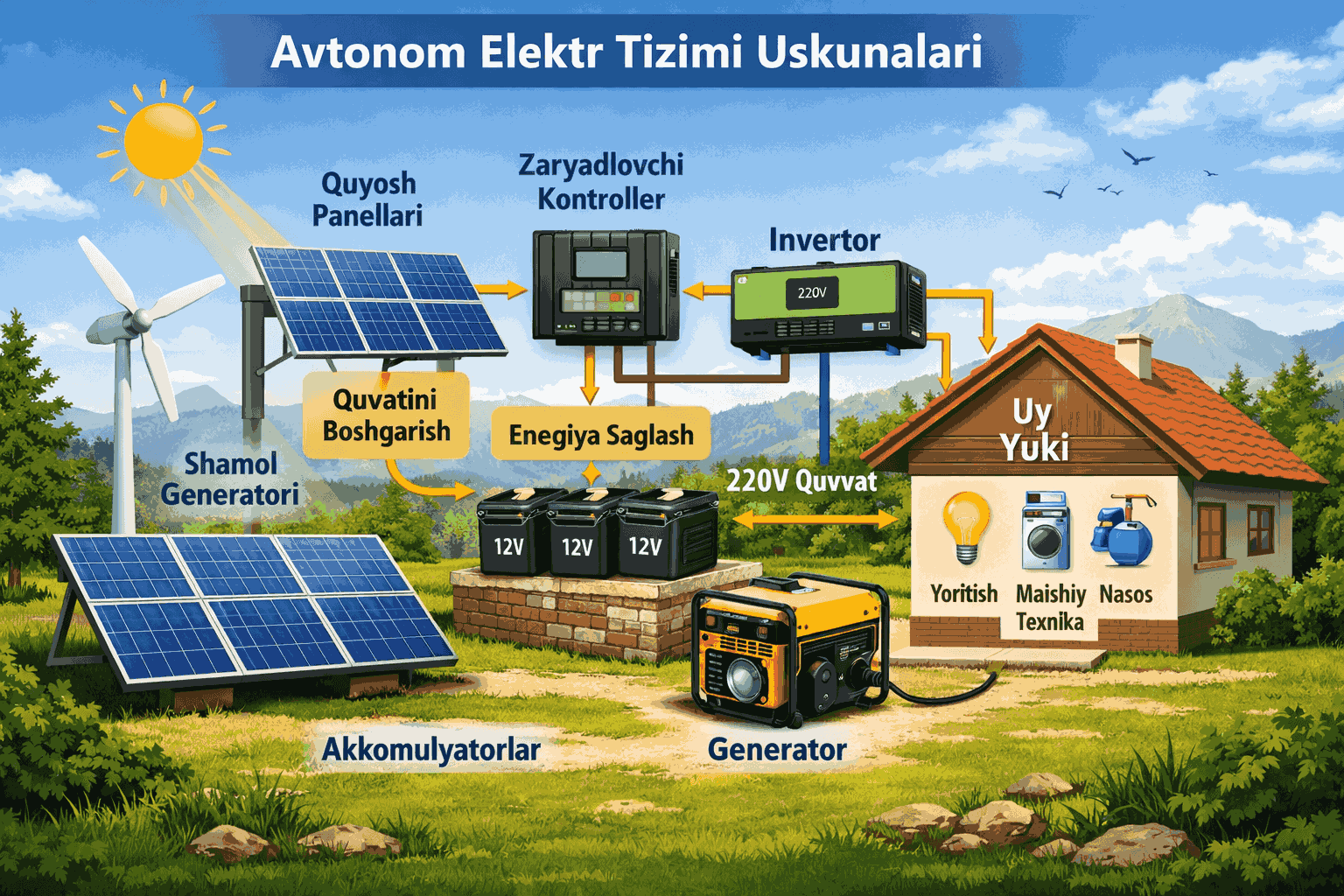 Avtonom ishlaydigan elektr tizimi uchun qanday uskunalar kerak bo'ladi?